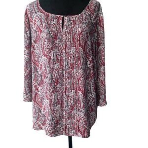 Roz & Ali Womens 1X Red Paisley Pintuck Split Neck Long Sleeve Blouse Top A8